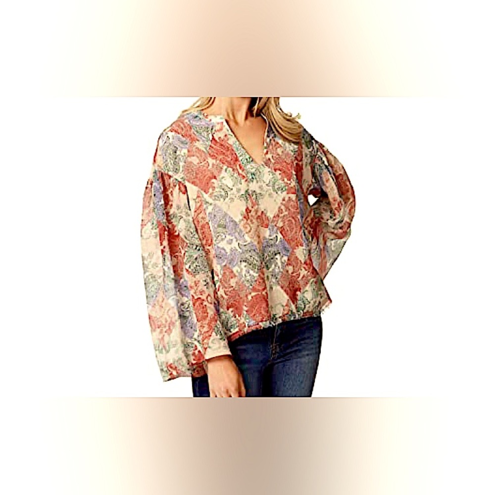 Jessica Simpson Multicolor Patterned Top/Raw Hem/Size S (big- fits like an 8/10) - Picture 2 of 8